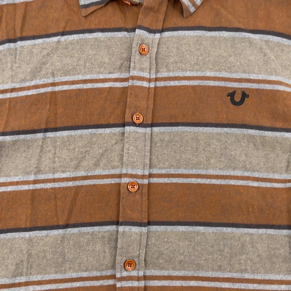 True Religion‎ Mens Striped Long Sleeve Button Down Shirt Brown Gray Large